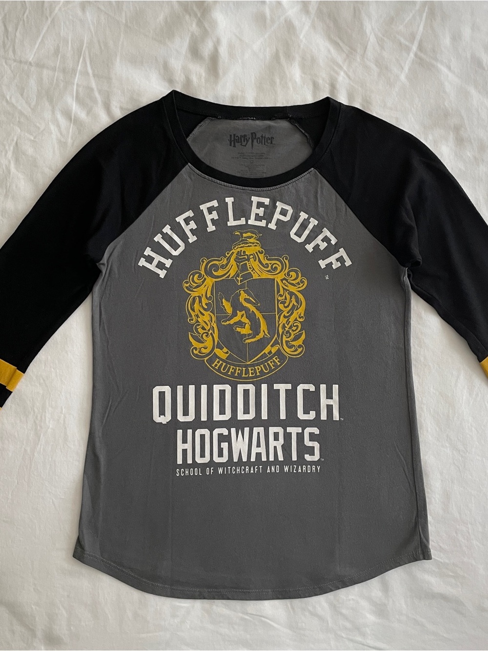 Hogwarts Hufflepuff Gray, Black & Yellow Raglan 3/4 length sleeve Tee
